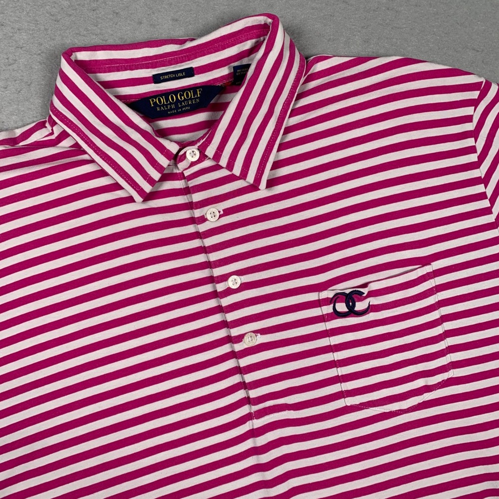 Polo Golf Ralph Lauren Polo Shirt Mens Large Pink White Striped Stretch Lisle